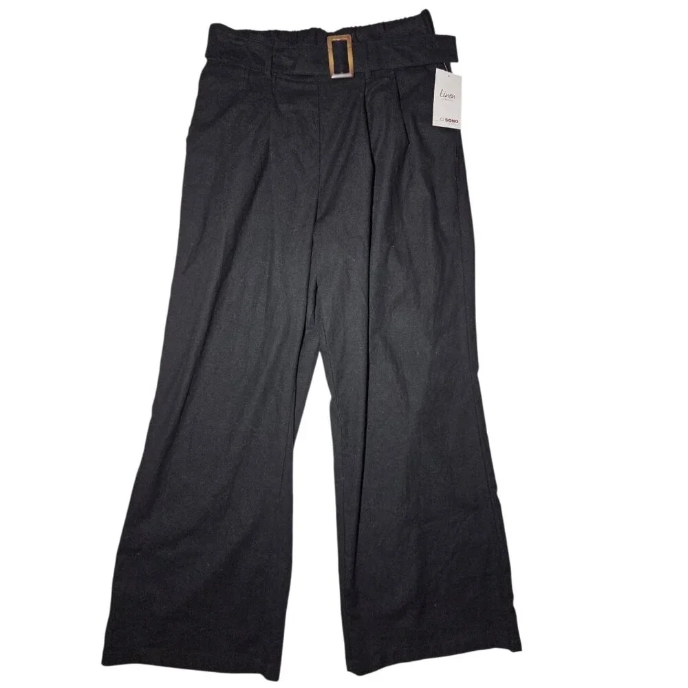 Cisono Black Wide Leg Pleated Linen Black Belted Pull On Pants Elastic Waist L